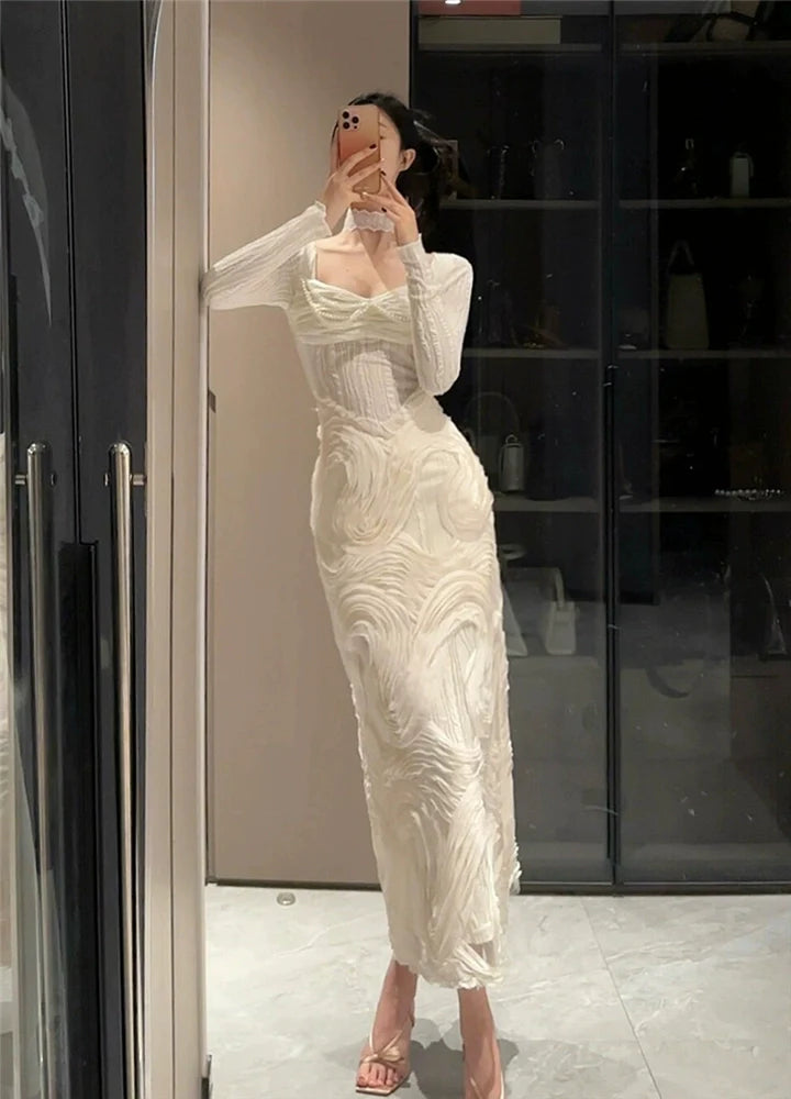 French Romantic White Textured Panel Square-Neck Knit Gown Dress