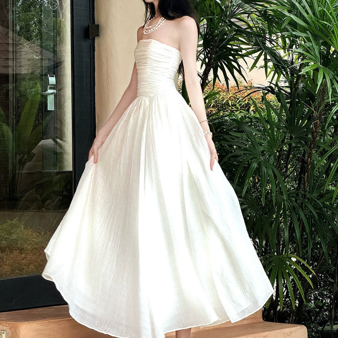 French White Bustier One-Shoulder Gown Dress