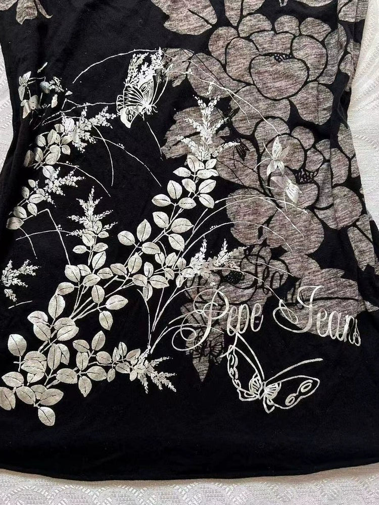 Black Subculture Y2K E-girl Abi American Retro Print Tie & Open-Back Short Sleeve Top