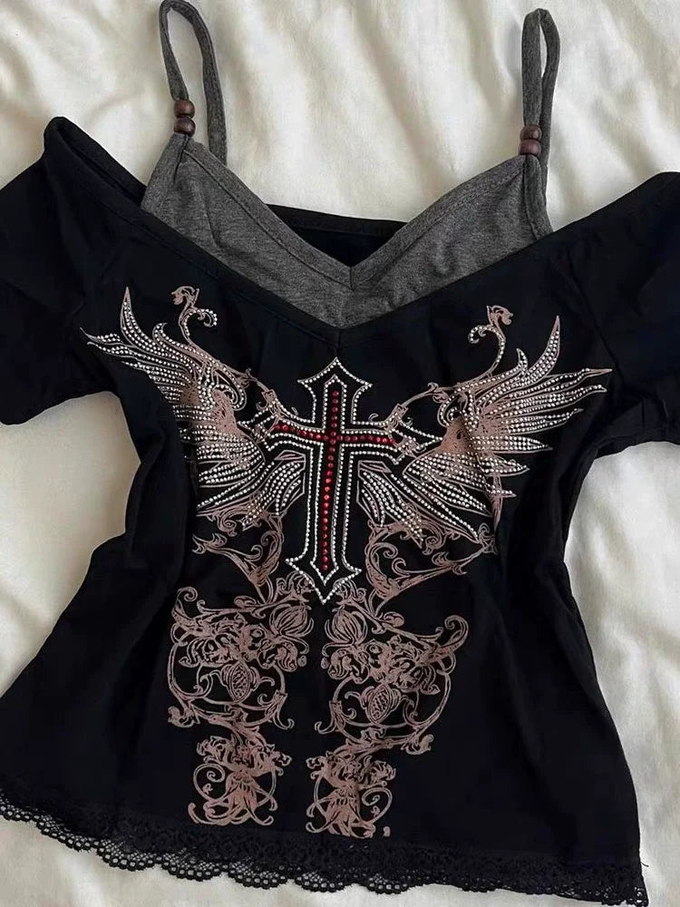 Black Fake Two-Piece Top Subculture Y2K E-girl Abi Vintage Cross Rhinestone Short Sleeve Top