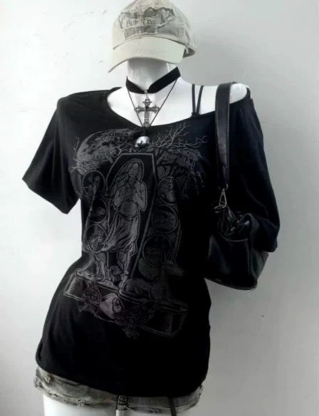 Black Punk Y2K E-girl American Retro Off-Shoulder Paneled Short Sleeve Top