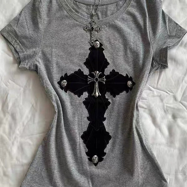 Gray Long-Sleeve Subculture Gothic Rock Punk Y2K E-girl Vintage Print Long Sleeve Top