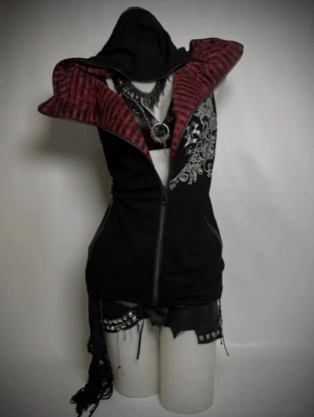 Black Subculture Punk Y2K Abi E-girl American Black & Red Striped Hooded Vest (Sleeveless) Top