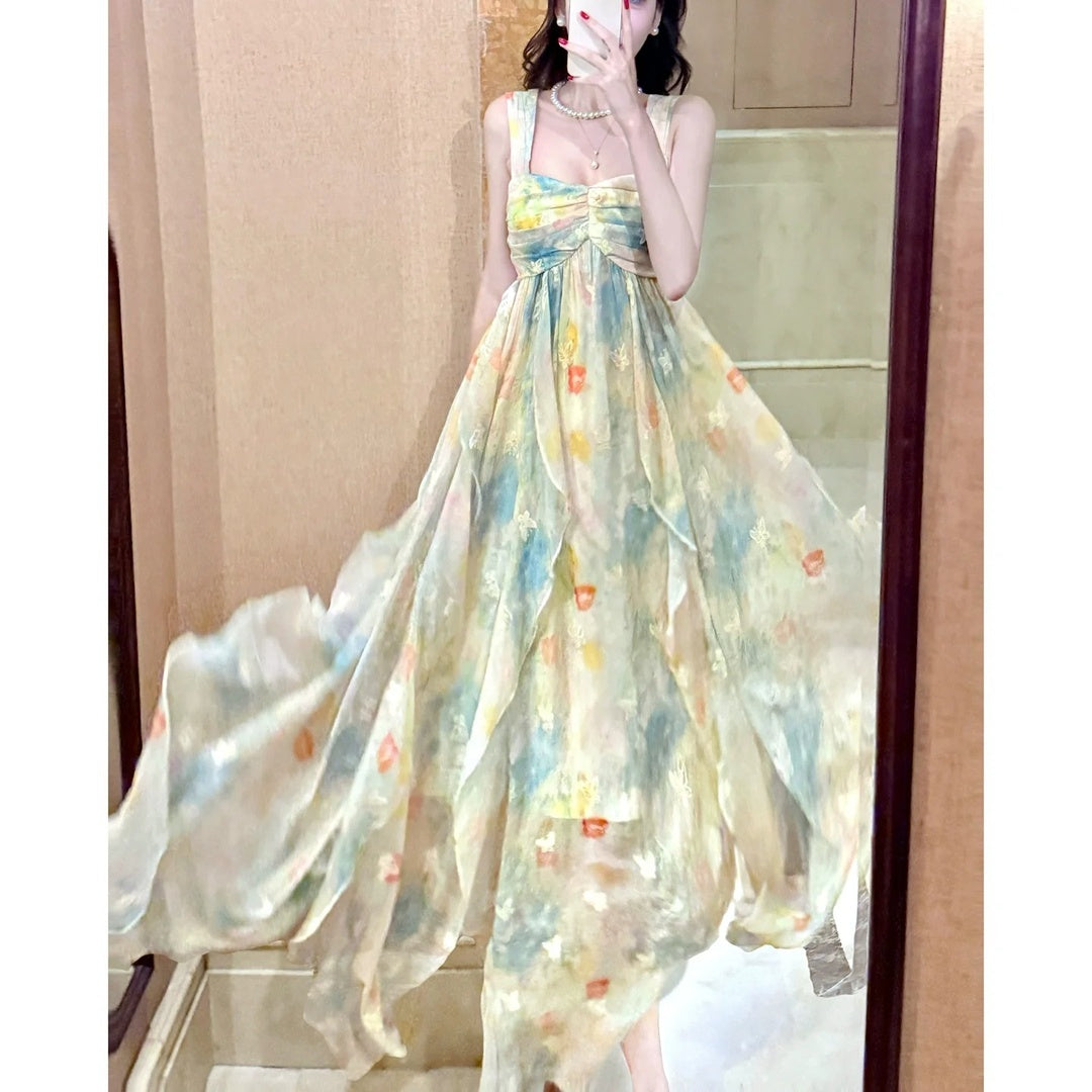 French Ruffle Butterfly Embroidered Spaghetti Strap Gown Dress