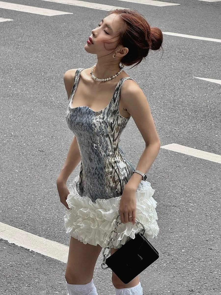 Sweet & Spicy Retro Sequin-Paneled Sleeveless Waist-Cinched Mini Dress