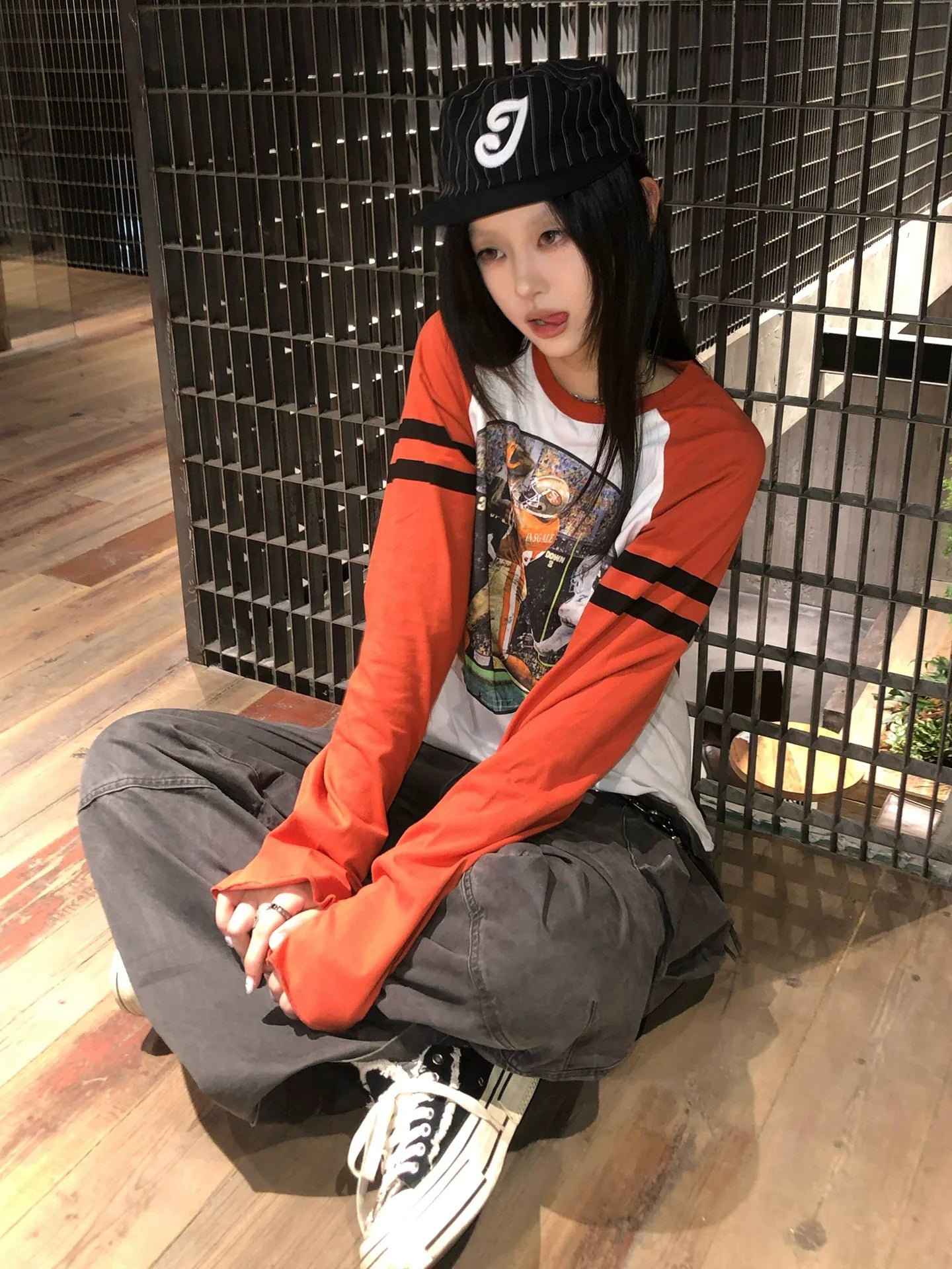 Retro White and Orange Color Block Raglan Long Sleeve Top