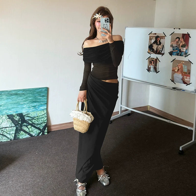 Mature Elegant Tulle-Paneled Off-The-Shoulder Cutout Waist Slimming Fall Maxi Dress