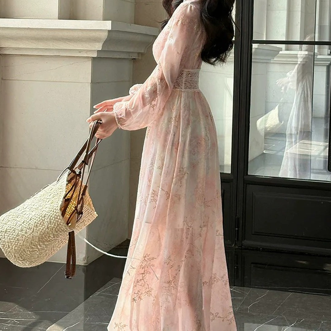 Embroidered Lace Floral Pink Gown Dress