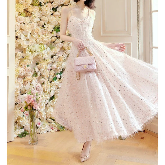 Pink Sequin Fringe Butterfly Gown Dress – French Luxury Party Dress