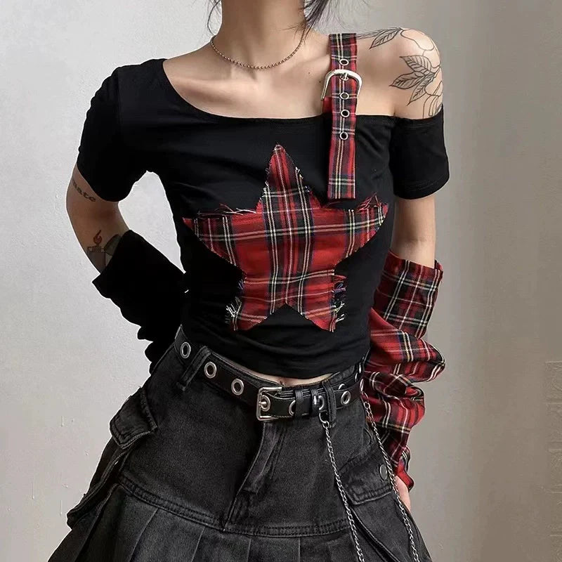 Black (With Arm Sleeves) Subculture Punk Y2K E-girl Gypsy-Style Plaid Asymmetrical Off-Shoulder Top