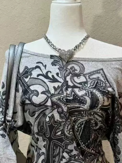 Gray Gothic Rock Punk Y2K E-girl Cross Print One-Shoulder Rhinestone Short Sleeve Top