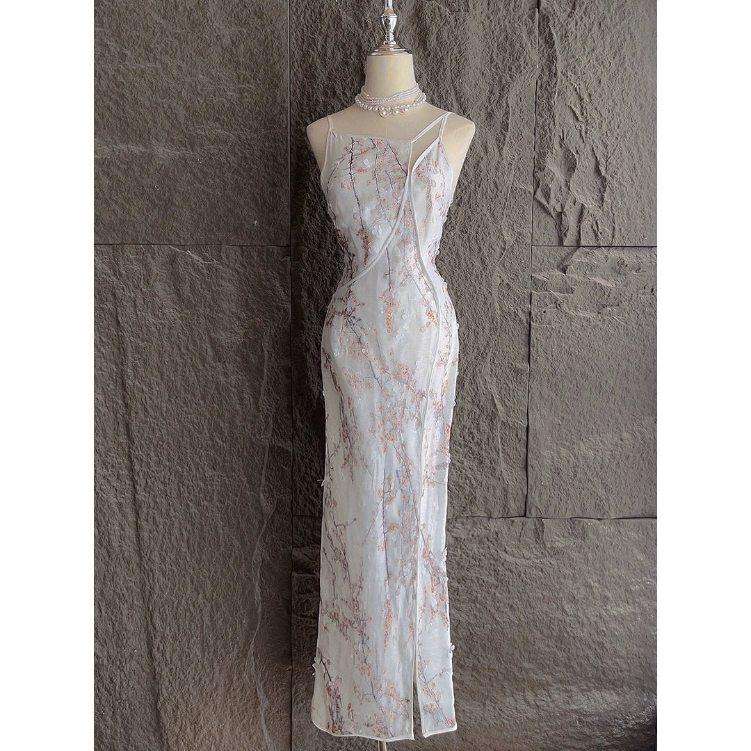 Snow Seeking Plum Chinese Cheongsam Embroidered Gown Dress