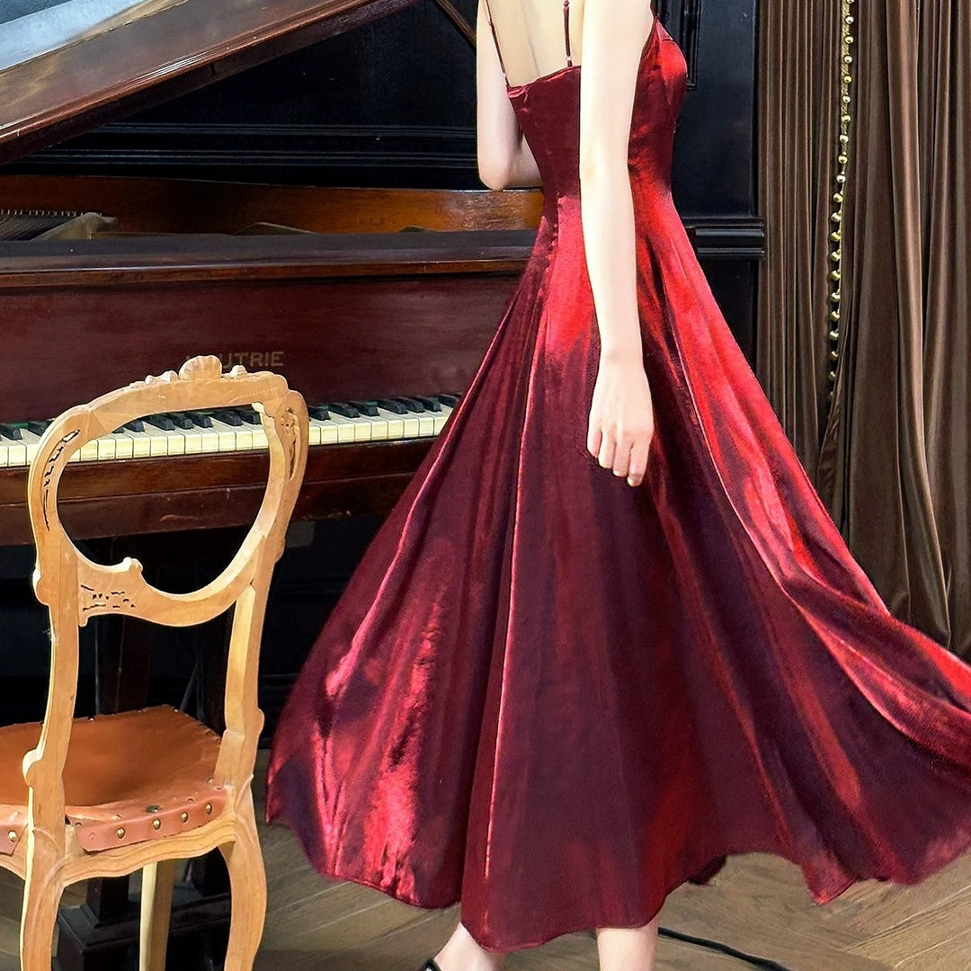 French Red Spaghetti Strap Luxury Gown Dress