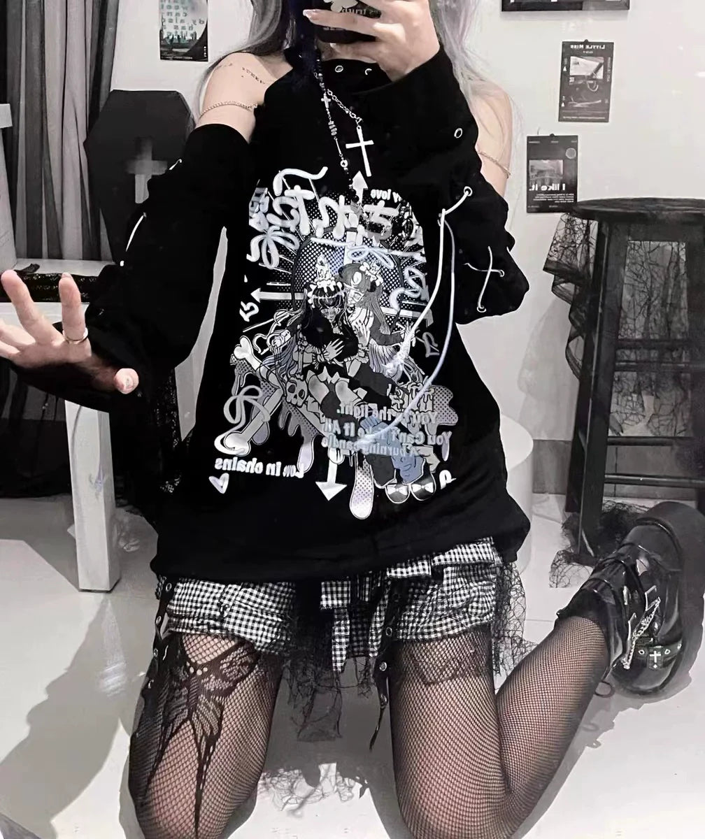 Black Y2K Punk   Hoodie with Cross Necklace