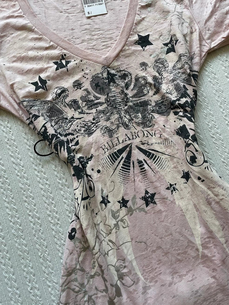 Pink Short-Sleeve Subculture Y2K E-girl Retro Distressed V-neck Print Niche Waist-Cinched Top