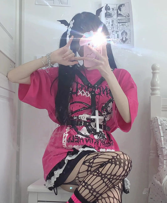Fuchsia Otaku Harajuku Cartoon Print Oversized Y2K T-Shirt