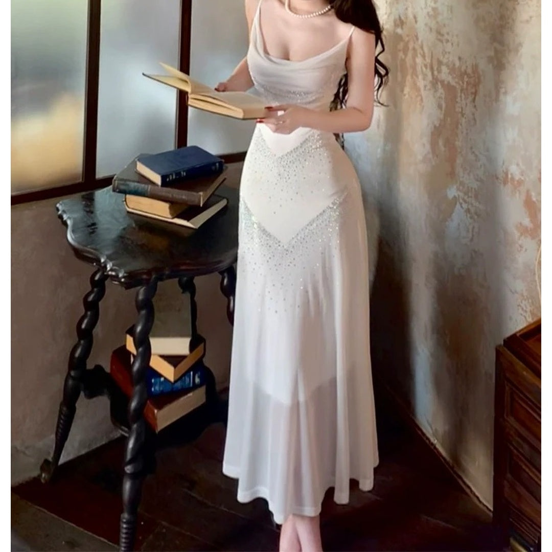 French Luxury Rhinestone Spaghetti Strap Gown Dress
