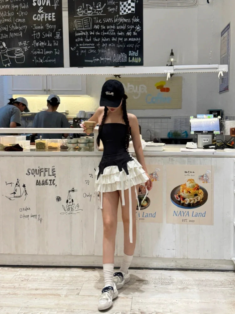 American-Style Tube-Top Sexy Tiered Fake Two-Piece Petite-Friendly Summer Mini Dress