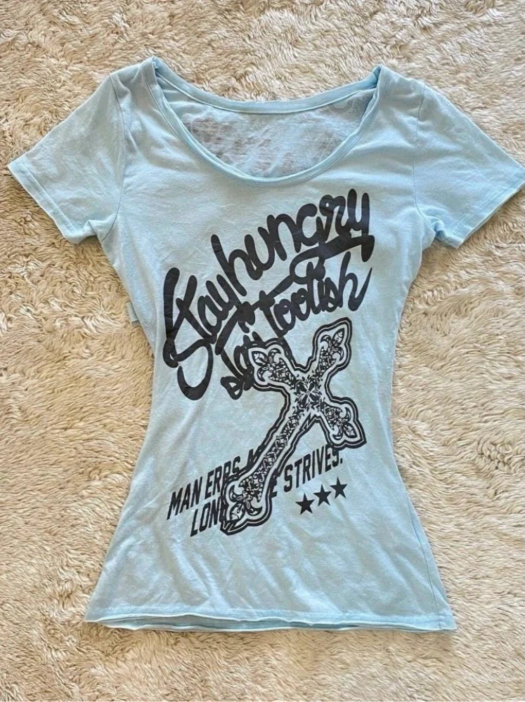 Blue Cross Print Shibuya-Inspired Y2K T-Shirt