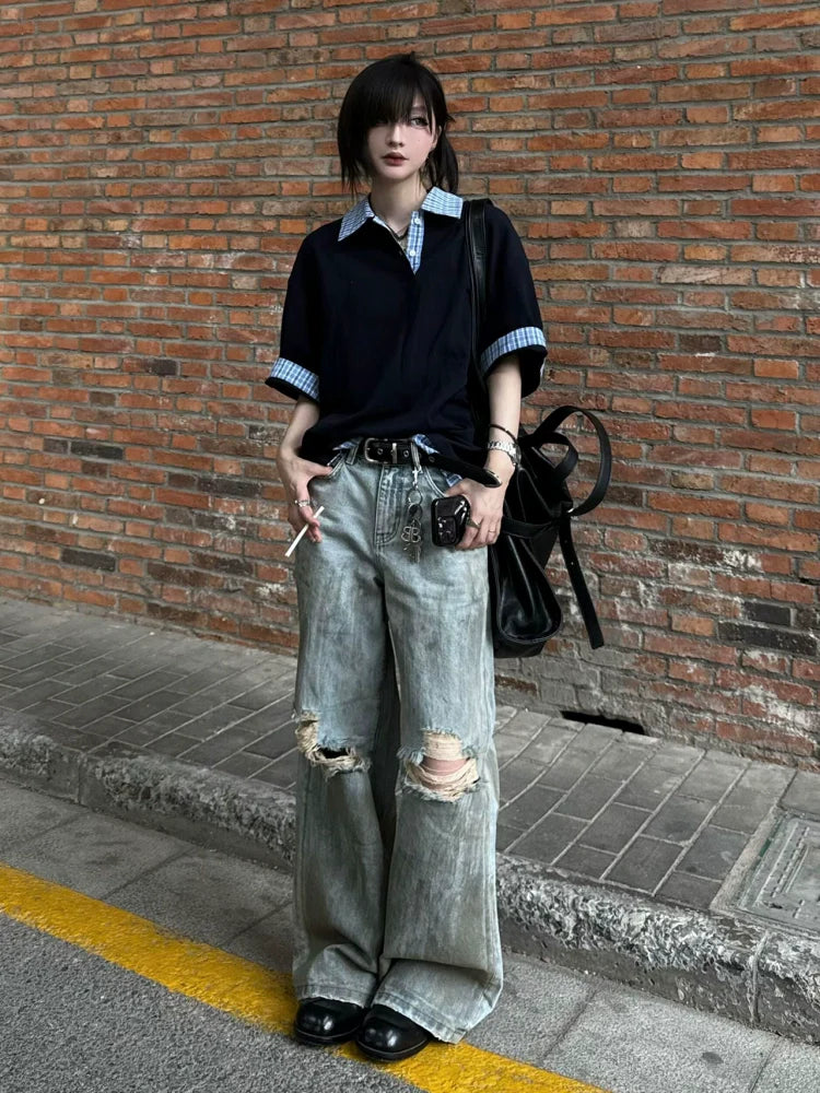 Navy Fake Two Piece Polo Top