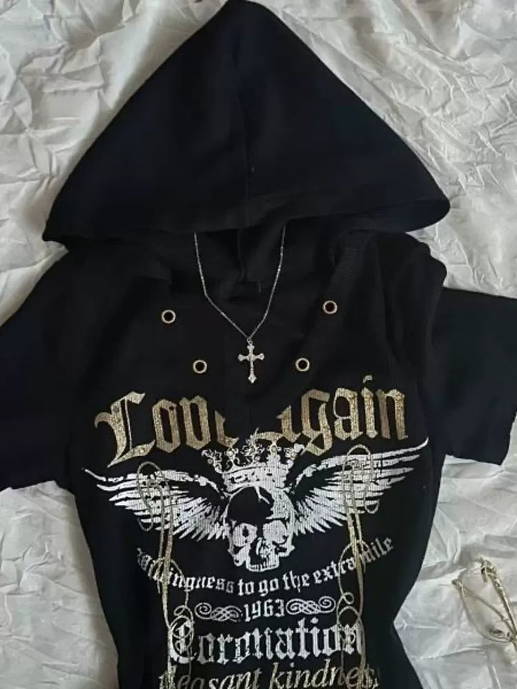 Black Subculture Rock Punk Y2K Abi E-girl American Retro Print Hooded Short Sleeve Top