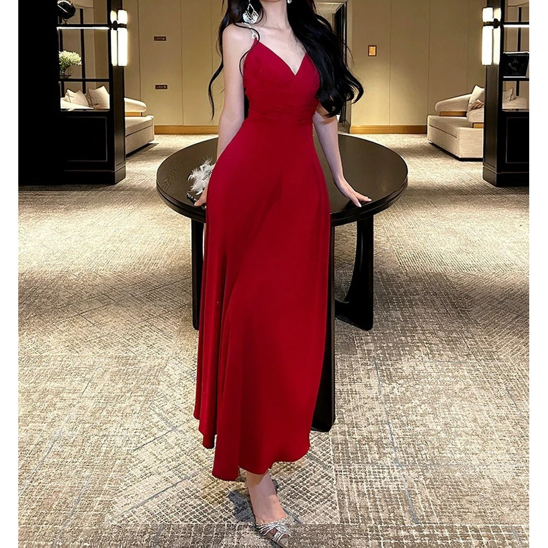 French Red Backless Holiday Spaghetti Strap Gown Dress