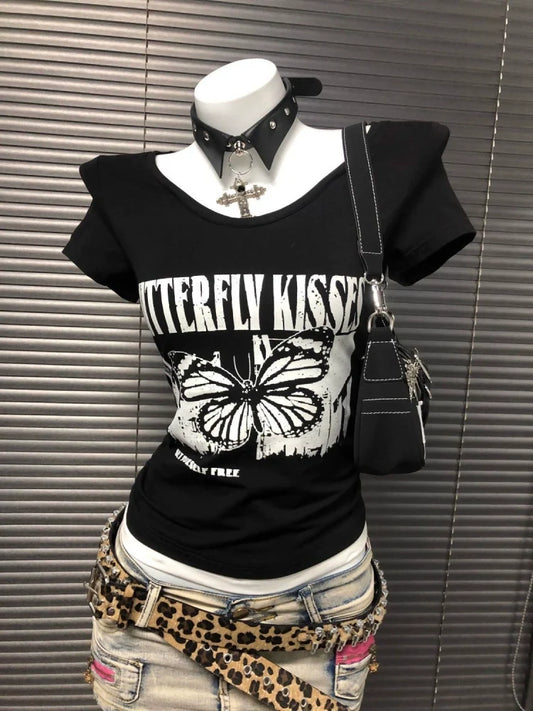 Black American Vintage Old-School Print Y2K T-Shirt