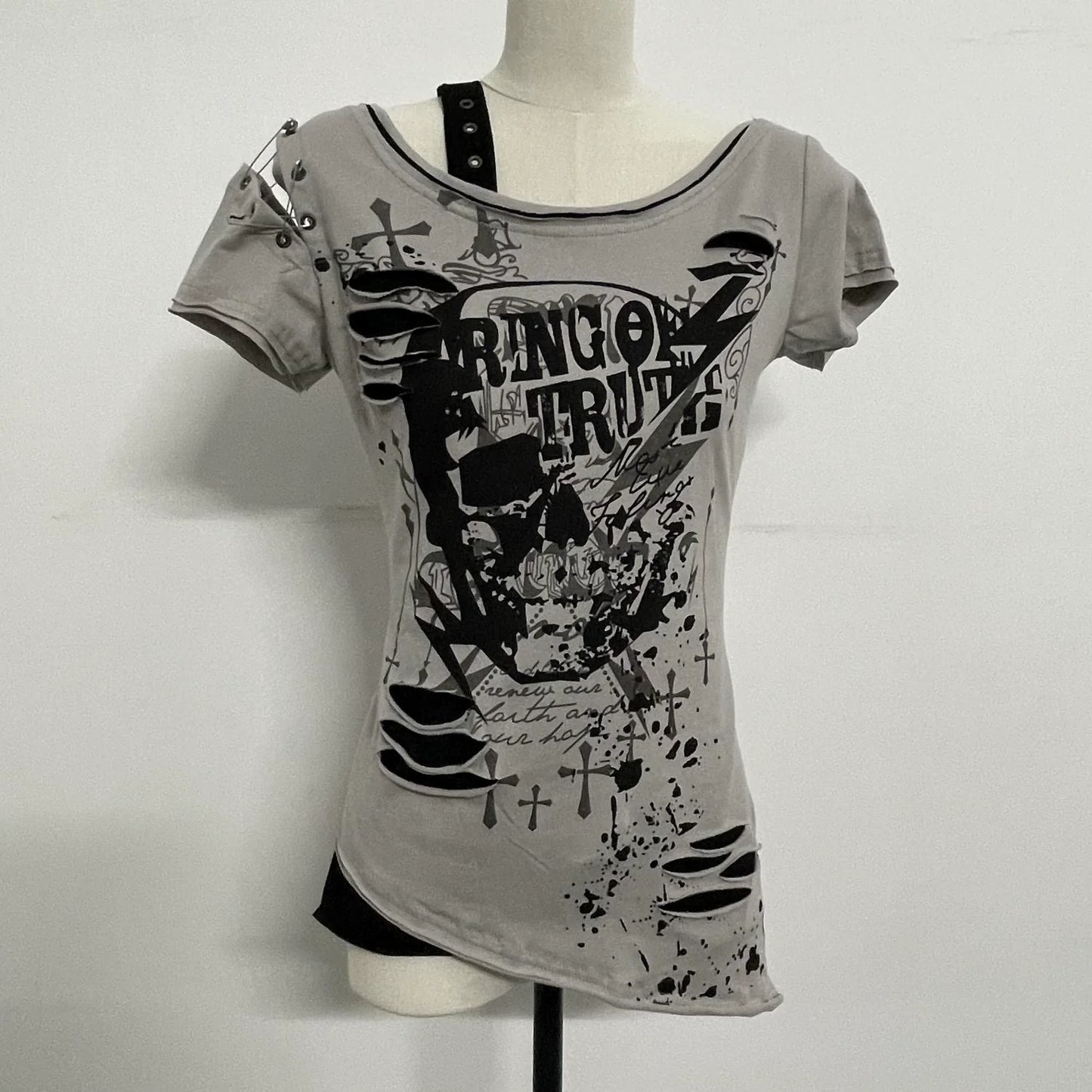Gray Subculture Punk Y2K E-girl Abi American Retro Skull Fake Two-Piece Short Sleeve Top