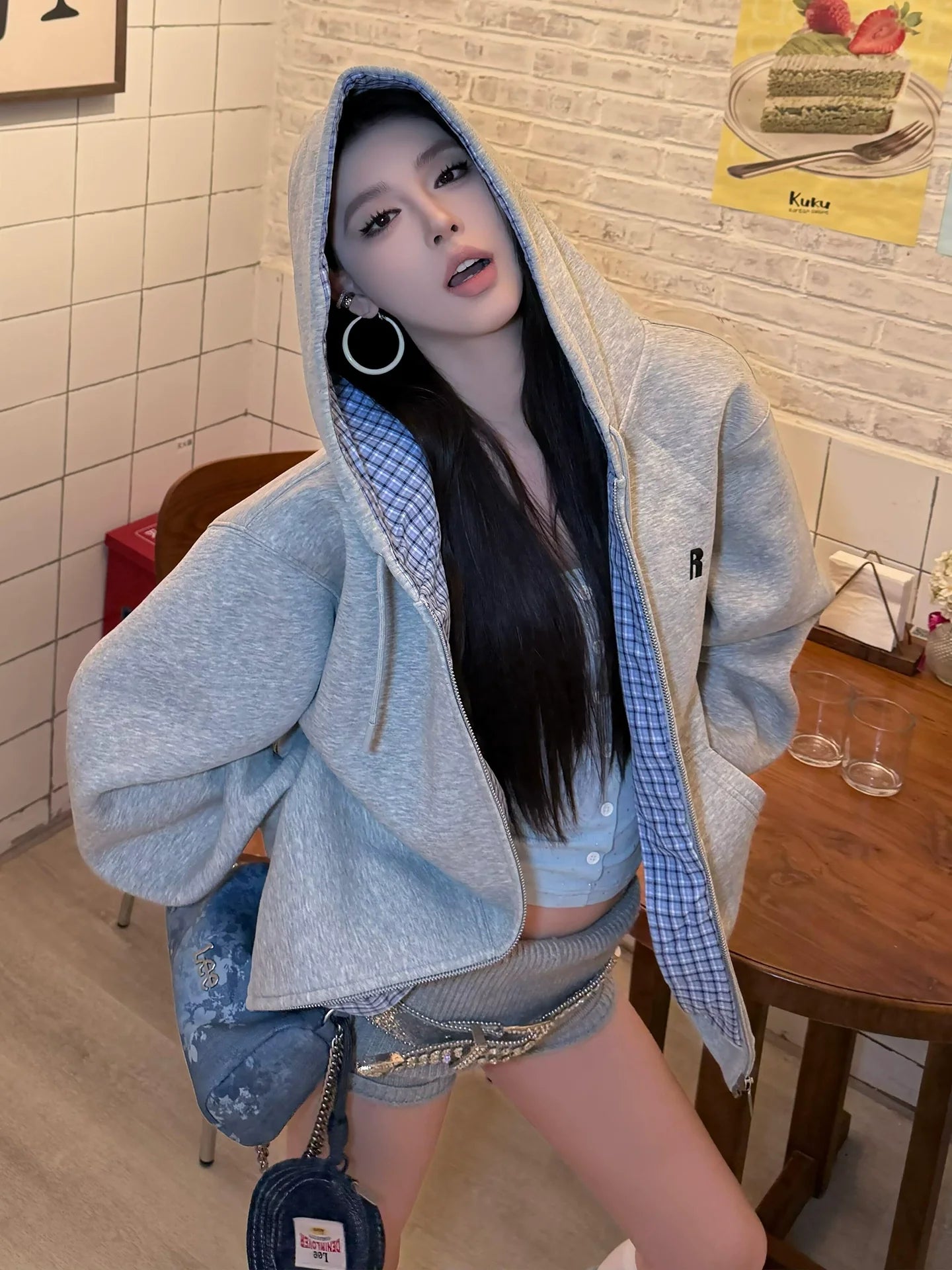 American Vintage Plaid Patchwork Hoodie Jacket 2025 Autumn-Winter Zip-Up Outerwear