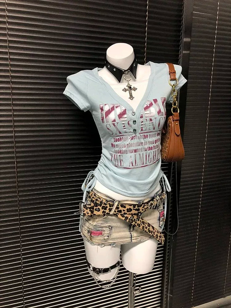 Blue Subculture Y2K E-girl Abi American Retro Drawstring Fake Two-Piece Vintage Short Sleeve Top