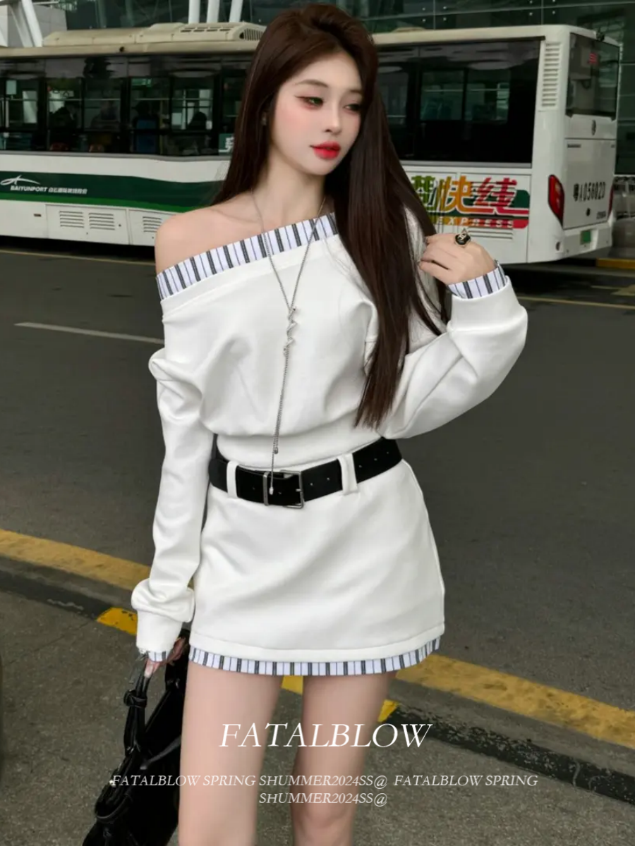 Korean Casual Asymmetrical Color-Block Sweatshirt & Skirt Dress Set