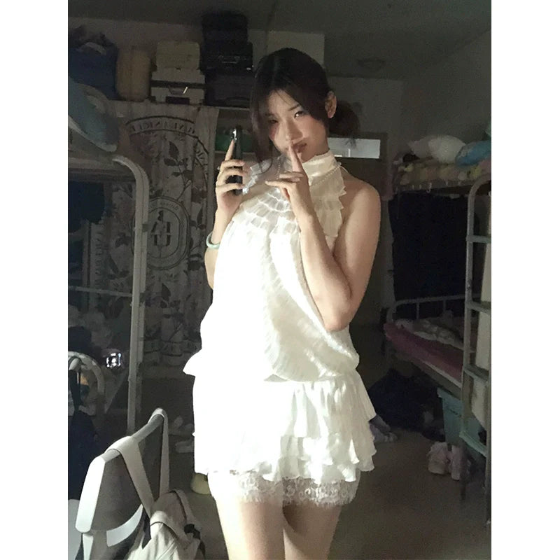 Purple Satin-Lace Halter Waist-Cinched Vintage-Style Tiered Dress