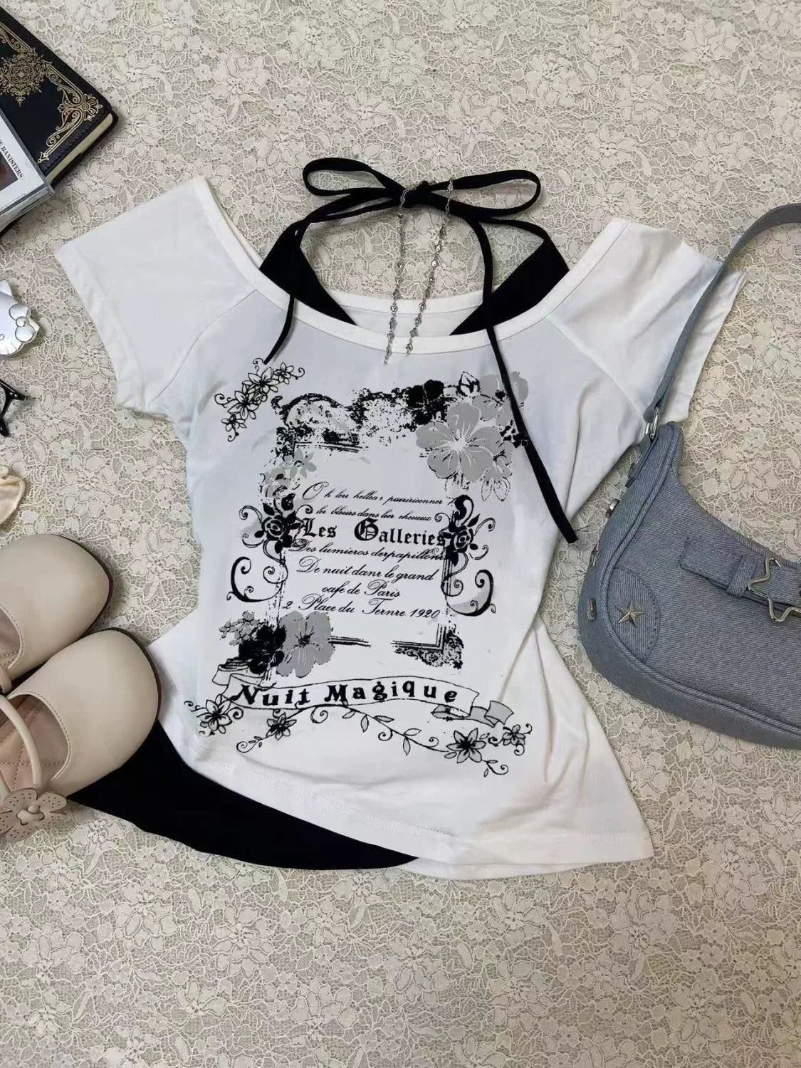 Black White Color Block Fake Two-Piece Halter Y2K T-Shirt