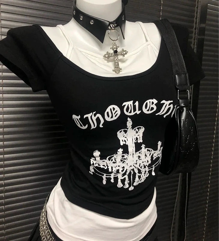 Black American Vintage Crown Print Fake Two-Piece Y2K T-Shirt