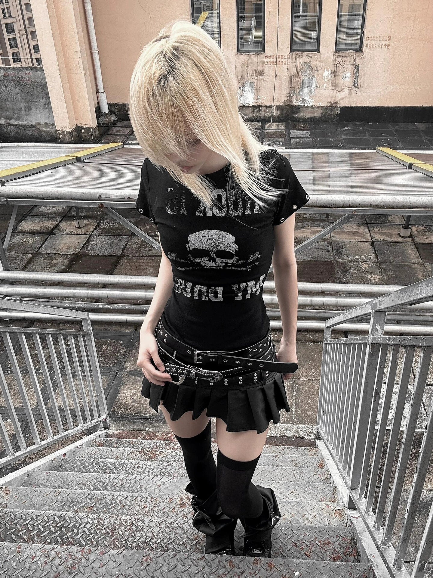 Y2K Skull Print Short Sleeve Top for Summer