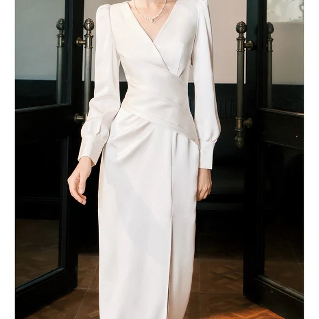 French Satin Long Sleeve Gown Dress