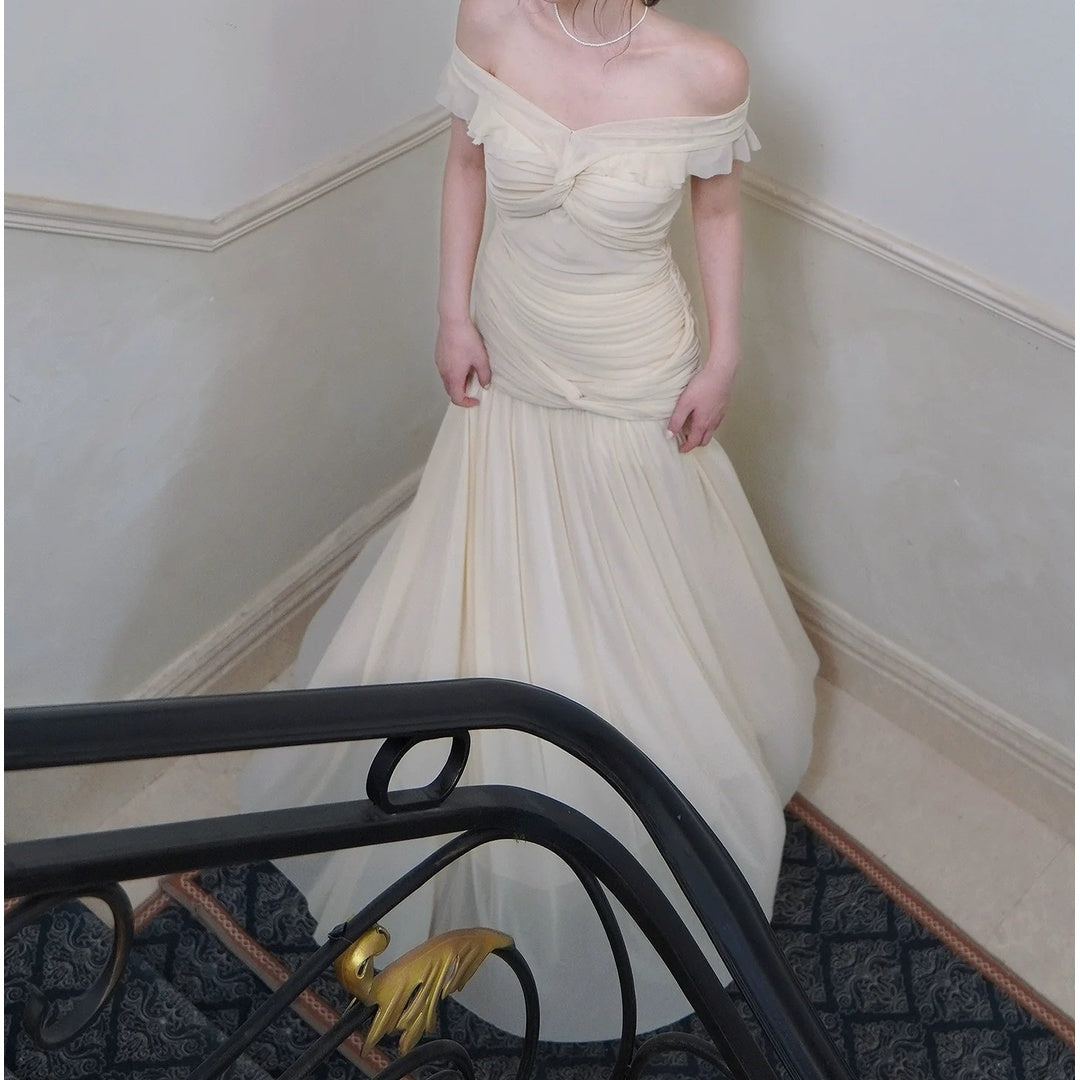 French Mesh One Shoulder Evening Gown Dress