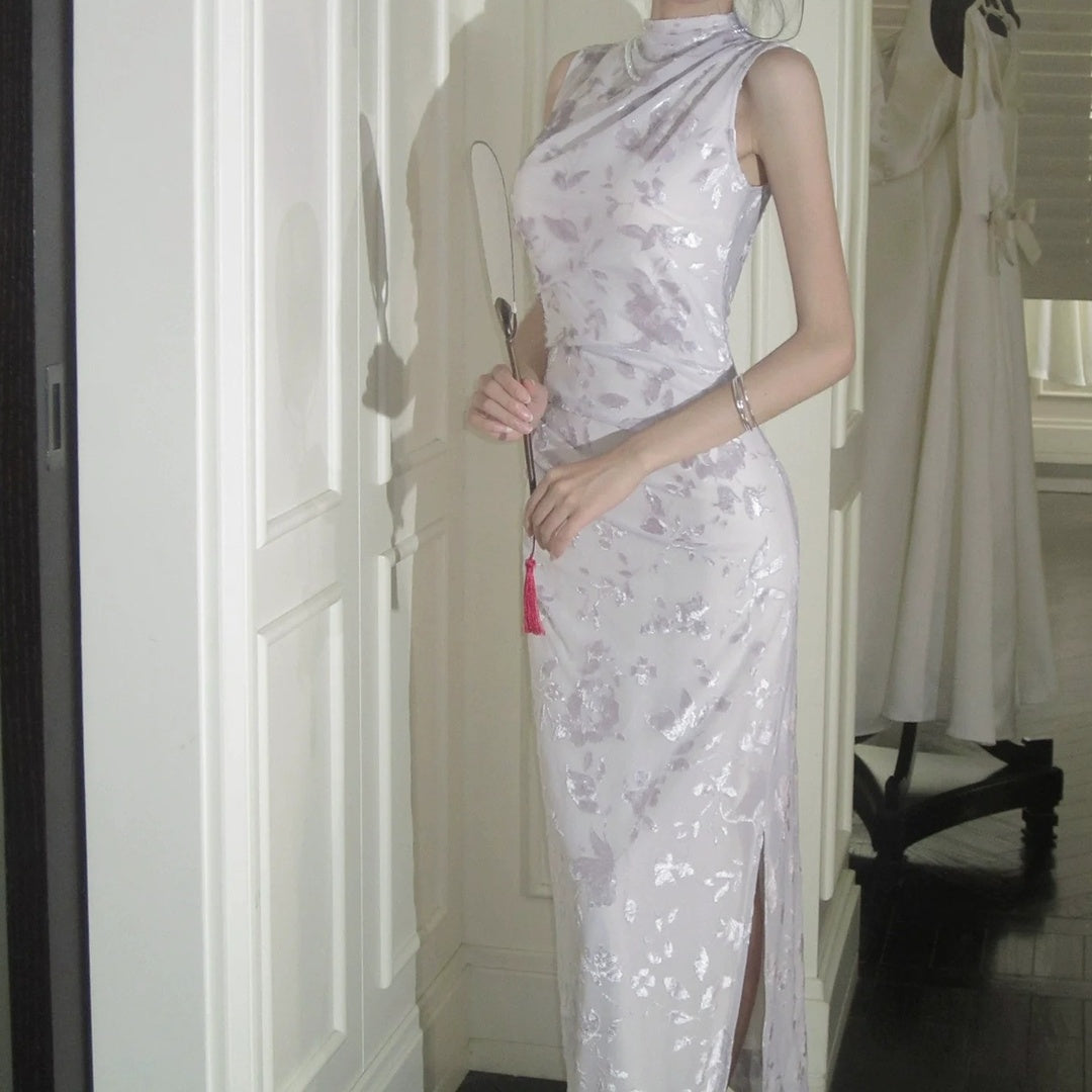Purple Embroidered Sleeveless Cheongsam Gown