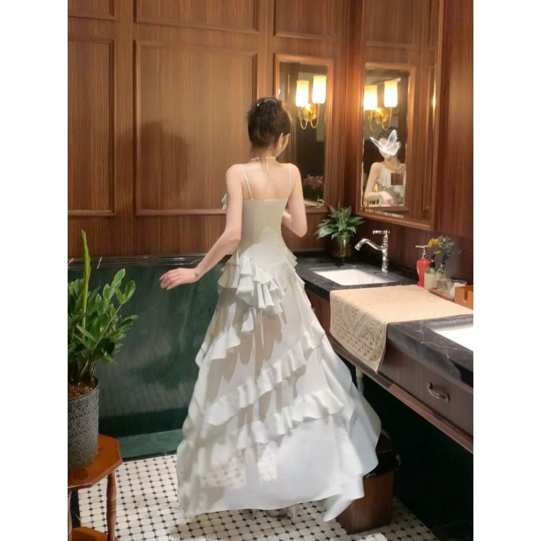 French Ruffle Asymmetrical Floral Resort Gown Dress – Fairy Tale Summer Dress