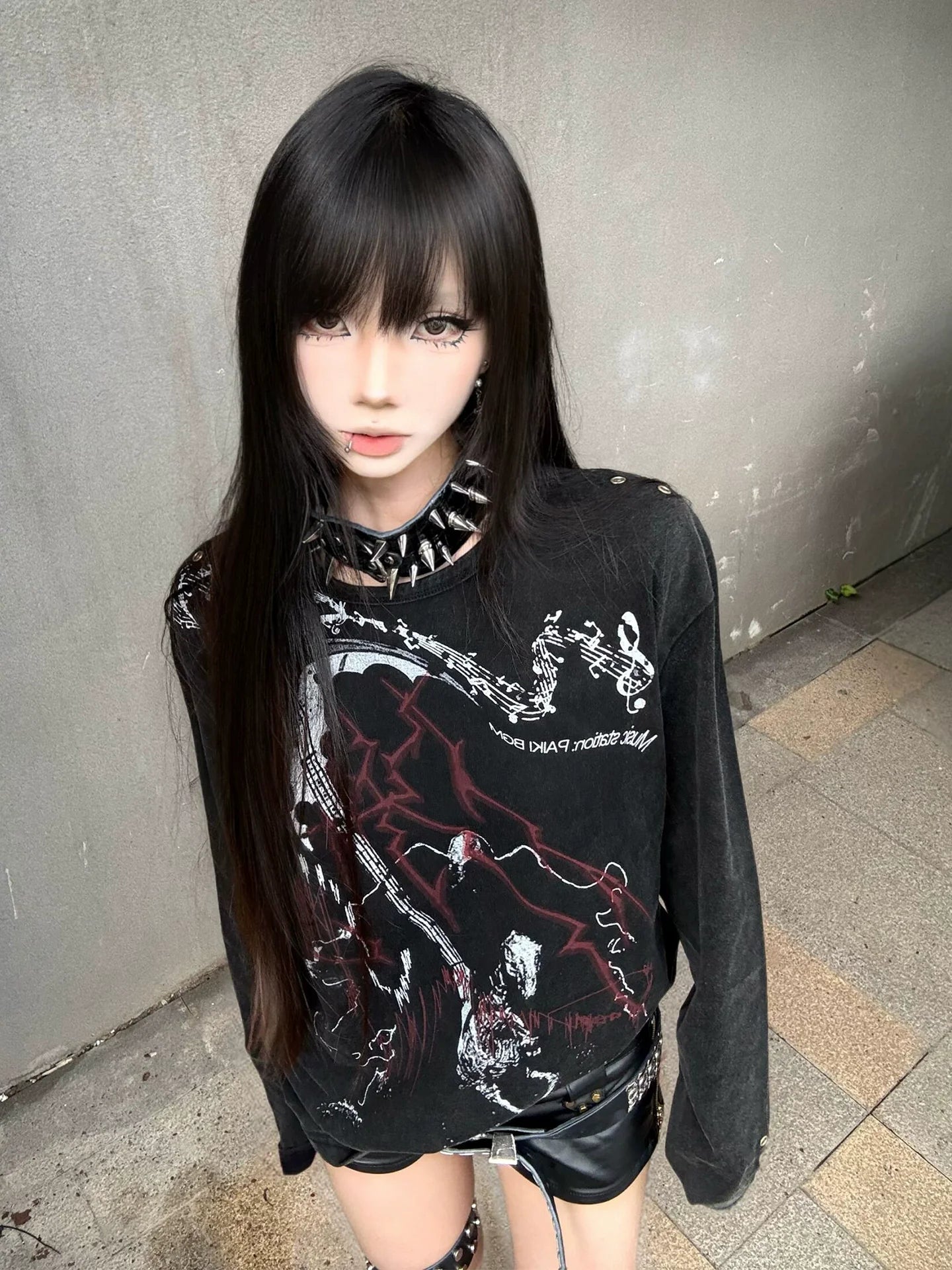 Y2K Subculture Vintage Wash Long Sleeve Tee Distressed Visual Kei Top