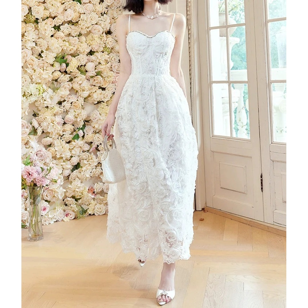 French Rose Lace Embroidered Spaghetti Strap Mermaid Gown Dress