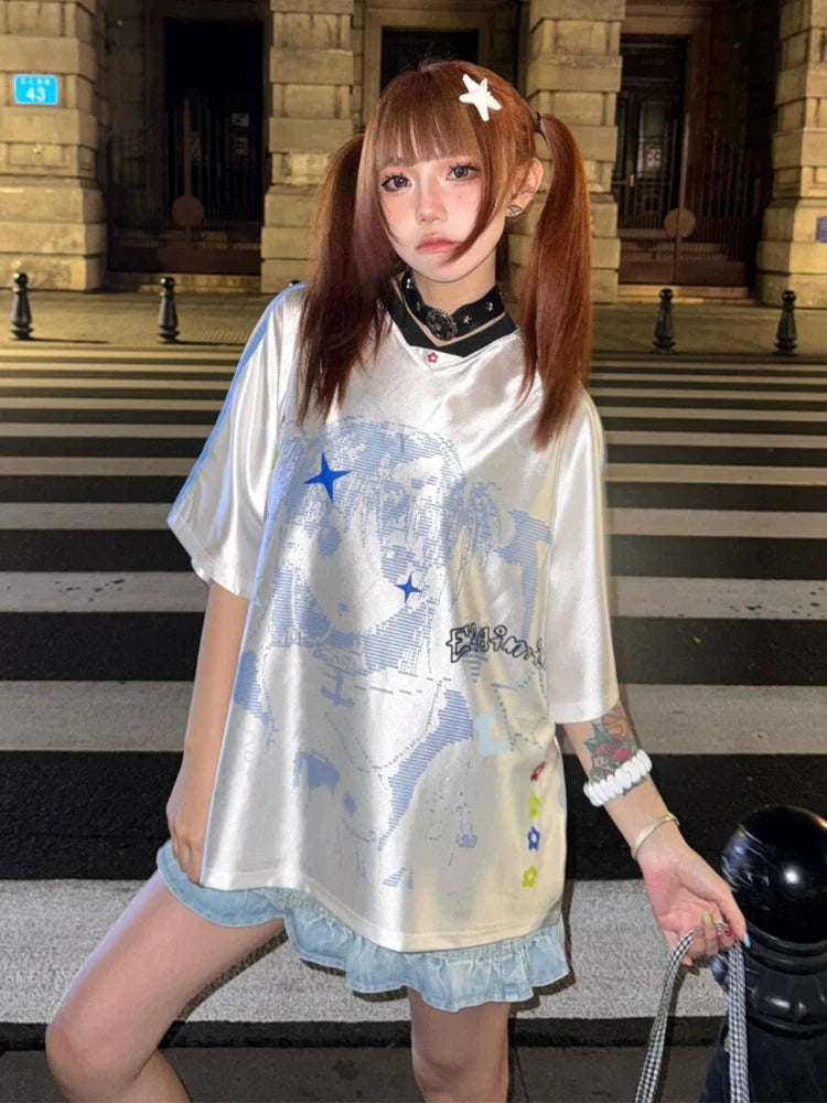 American Retro Jersey Tee Summer Anime Girl Print Loose V-Neck Top