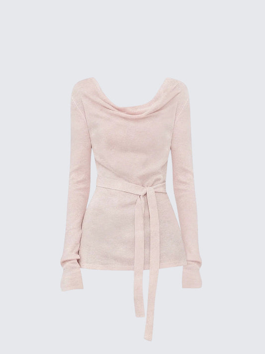 Pink Draped Tie Knit Long Sleeve Top Women