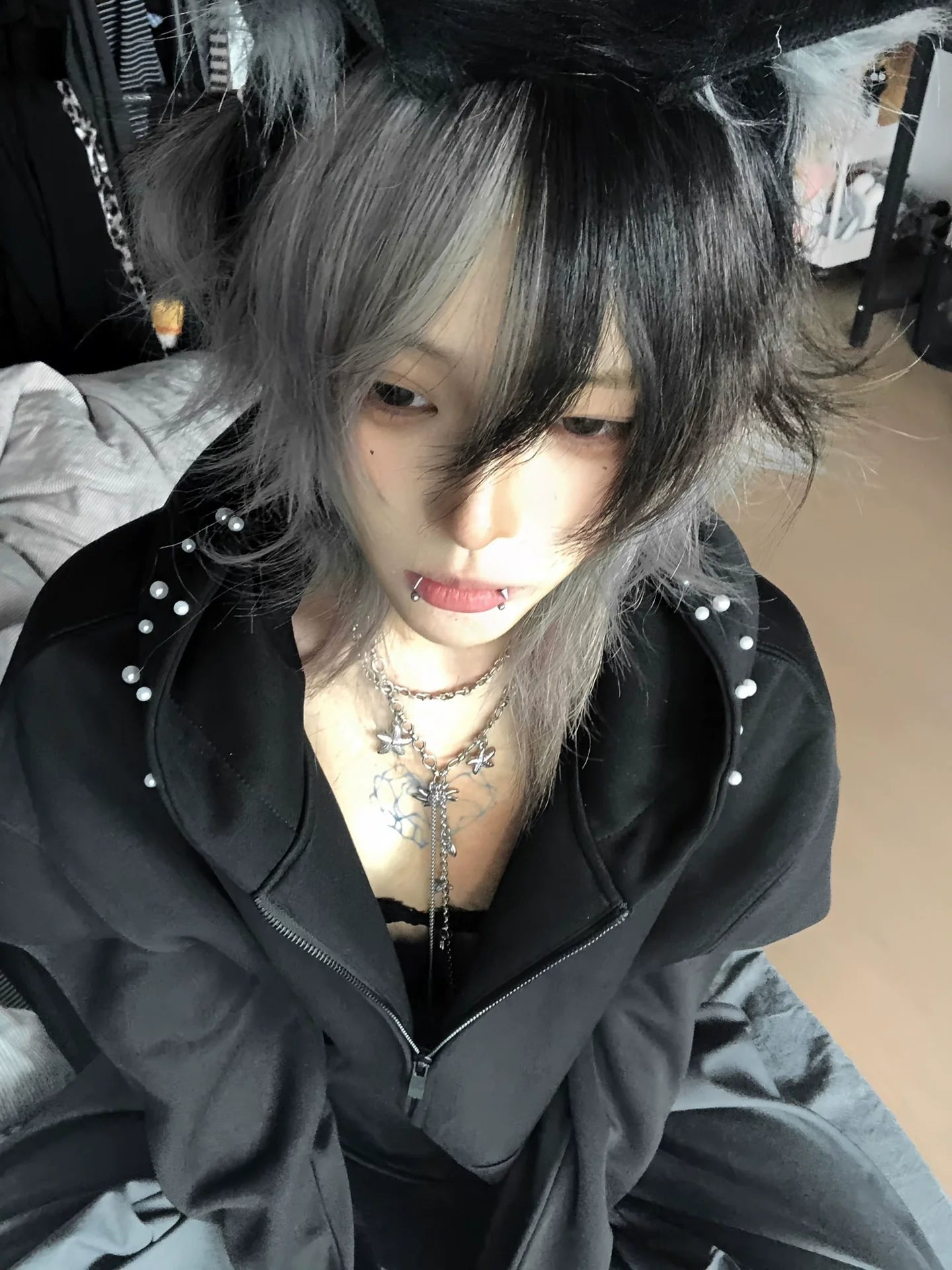 American High Street Black Studded Hoodie Jacket Autumn-Winter Heavy Zip-Up Design Top