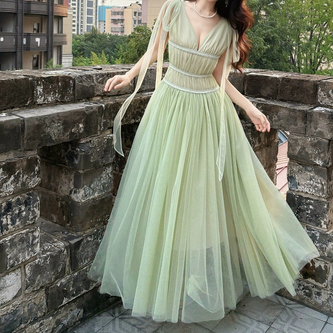 French V-Neck Green Chiffon Resort Gown Dress