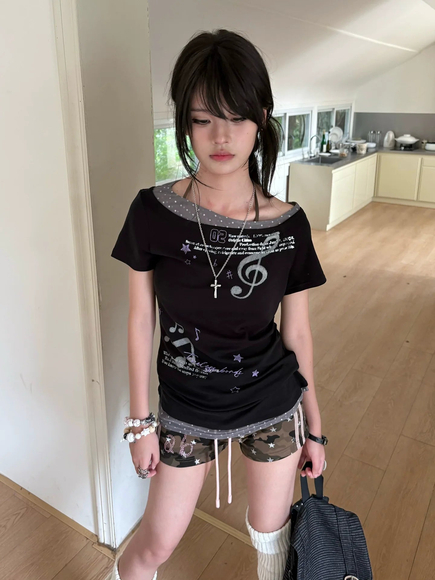 Y2K Light Asia Slanted Shoulder Polka Dot Tee Summer Fake Layer Sweet Spicy Girl Top