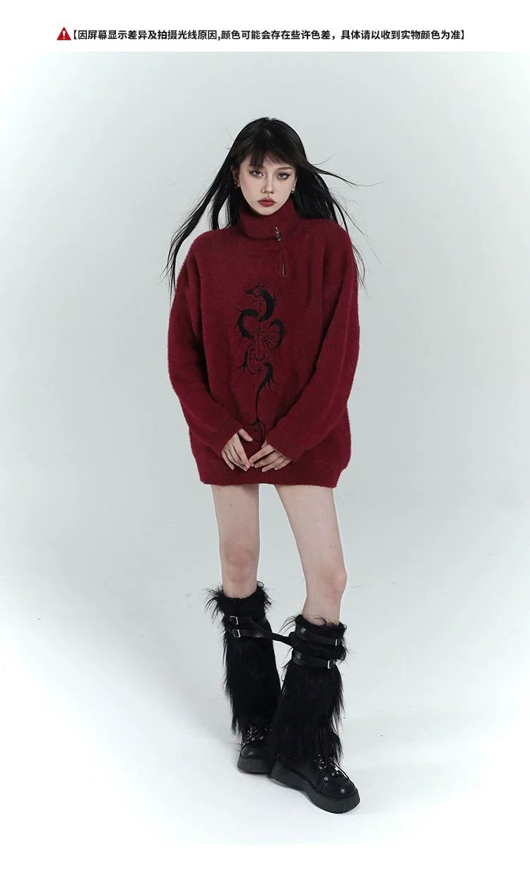 Red Y2K Retro Half-Zip Sweater