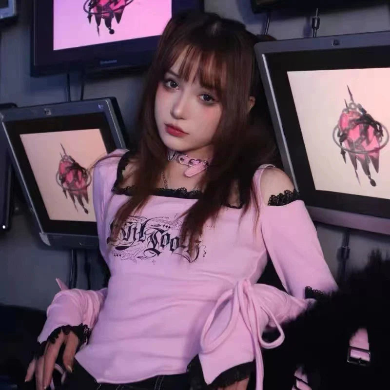 Pink Cutout Lace Asymmetric Straps Off-The-Shoulder Fitted Y2K T-Shirt