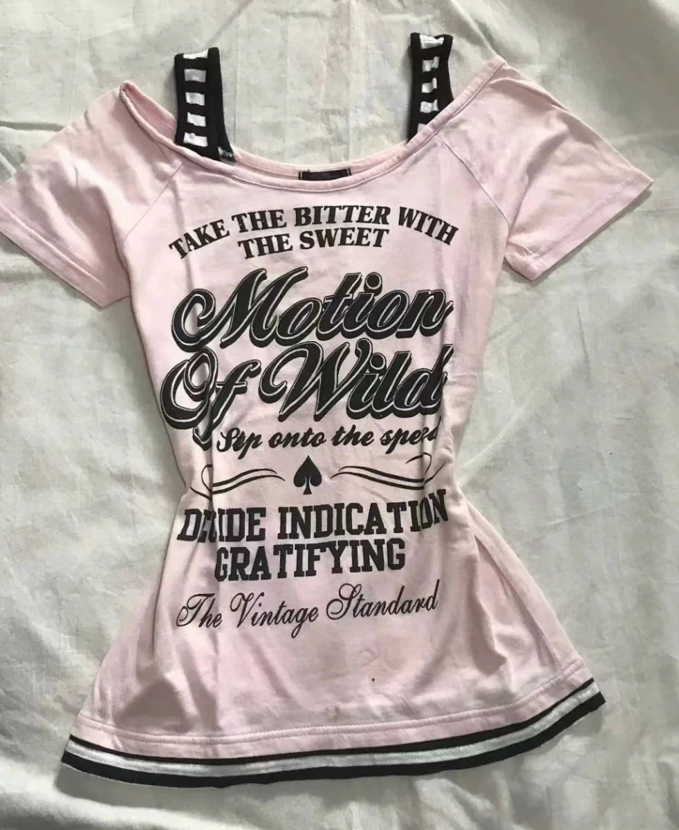 Pink Original Y2K E-girl Vintage Letter Print Slim-Fit Short Sleeve Top