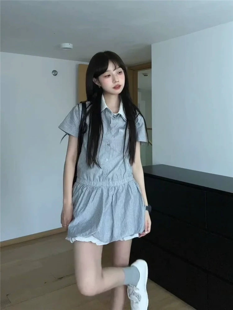 Preppy Style Fake Two-Piece Stripe Short-Sleeve Shirt Dress